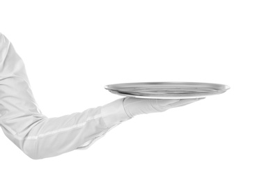 Photo of Waiter holding metal tray on white background, closeup