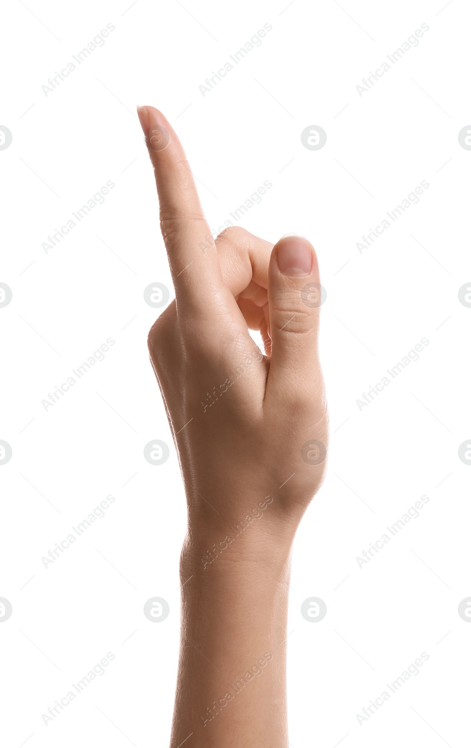 Photo of Woman pointing at something on white background, closeup of hand