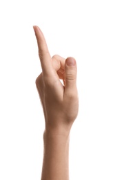 Woman pointing at something on white background, closeup of hand