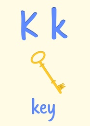 Illustration of Learning English alphabet. Card with letter K and key, illustration