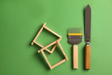 Photo of Beekeeping tools on green background, flat lay