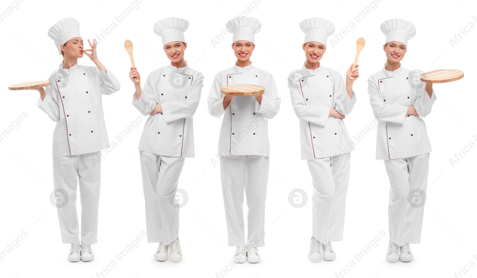 Image of Chef in uniform on white background, set with photos