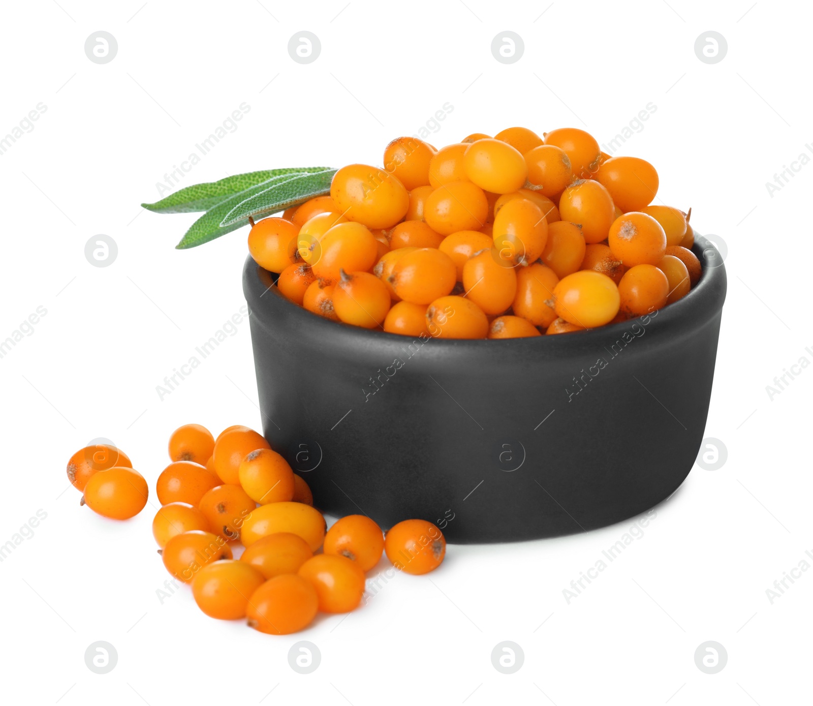 Photo of Bowl with fresh ripe sea buckthorn berries on white background