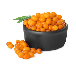 Photo of Bowl with fresh ripe sea buckthorn berries on white background