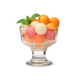 Photo of Melon and watermelon balls with mint in dessert bowl on white background