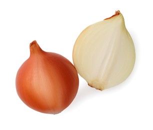 Photo of Whole and cut onions on white background, top view