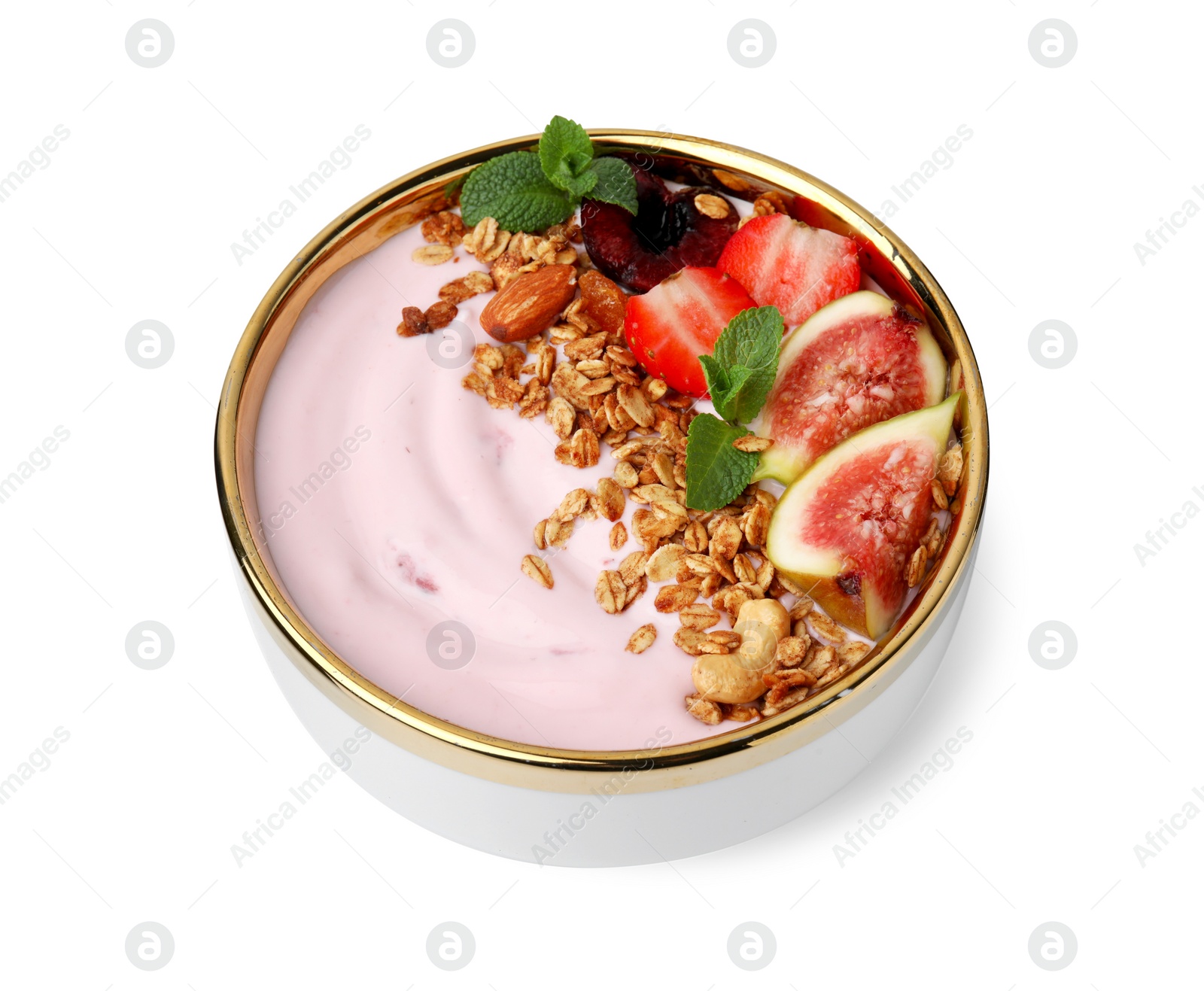 Photo of Bowl with yogurt, fruits and granola isolated on white, above view