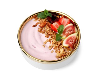 Photo of Bowl with yogurt, fruits and granola isolated on white, above view