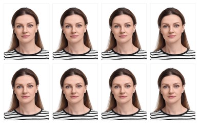 Passport photo, collage. Woman on white background, set of photos