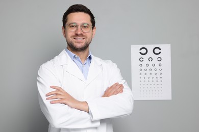 Photo of Ophthalmologist with vision test chart on gray background