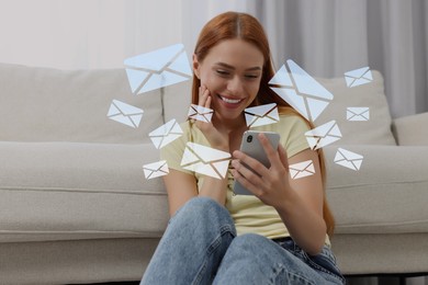 Smiling woman with smartphone chatting indoors. Many illustrations of envelope as incoming messages around device