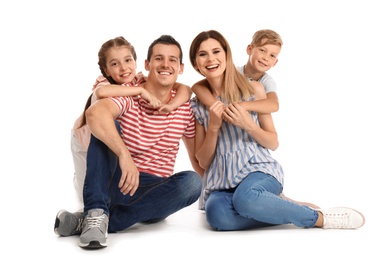 Photo of Happy family with children on white background