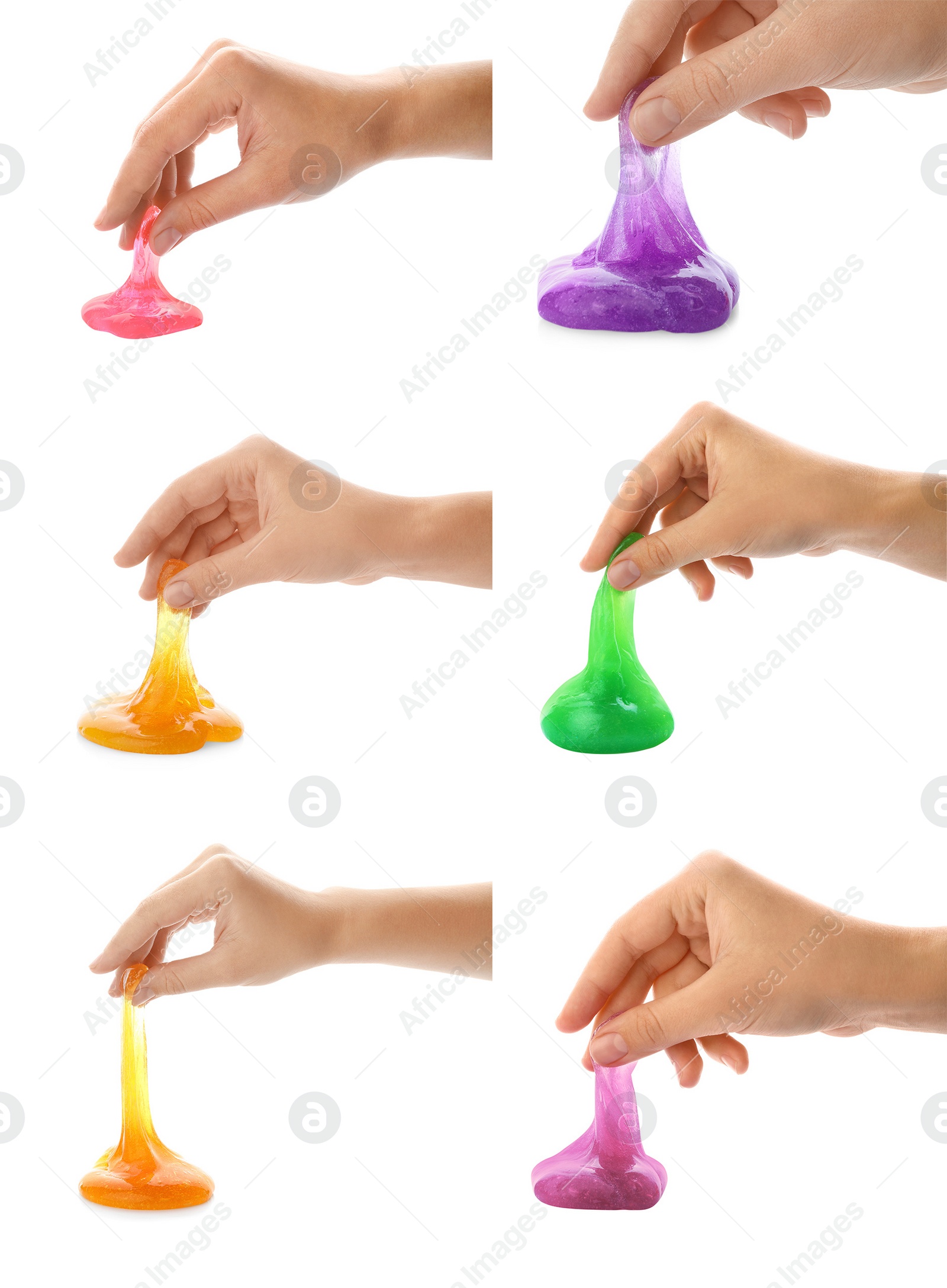 Image of Collage of women playing with slimes on white background, closeup. Antistress toy