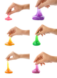 Collage of women playing with slimes on white background, closeup. Antistress toy