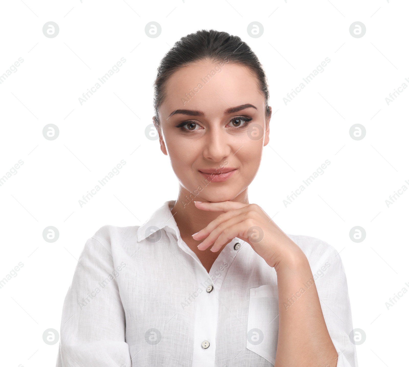 Photo of Beautiful young woman in casual outfit on white background