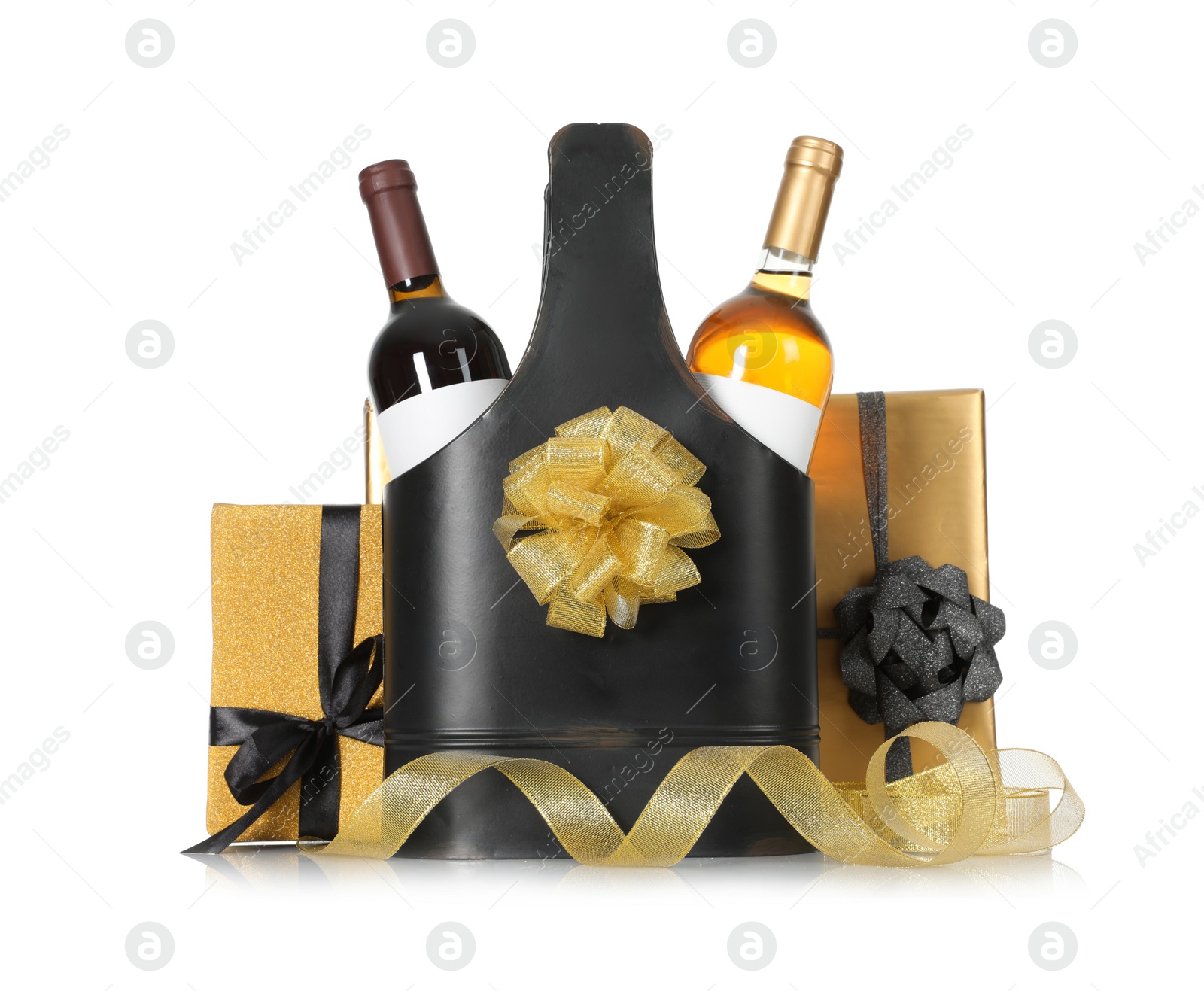 Photo of Festive package with bottles of wine and gift boxes on white background