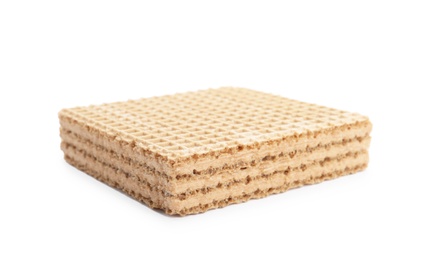 Delicious crispy wafer on white background. Sweet food