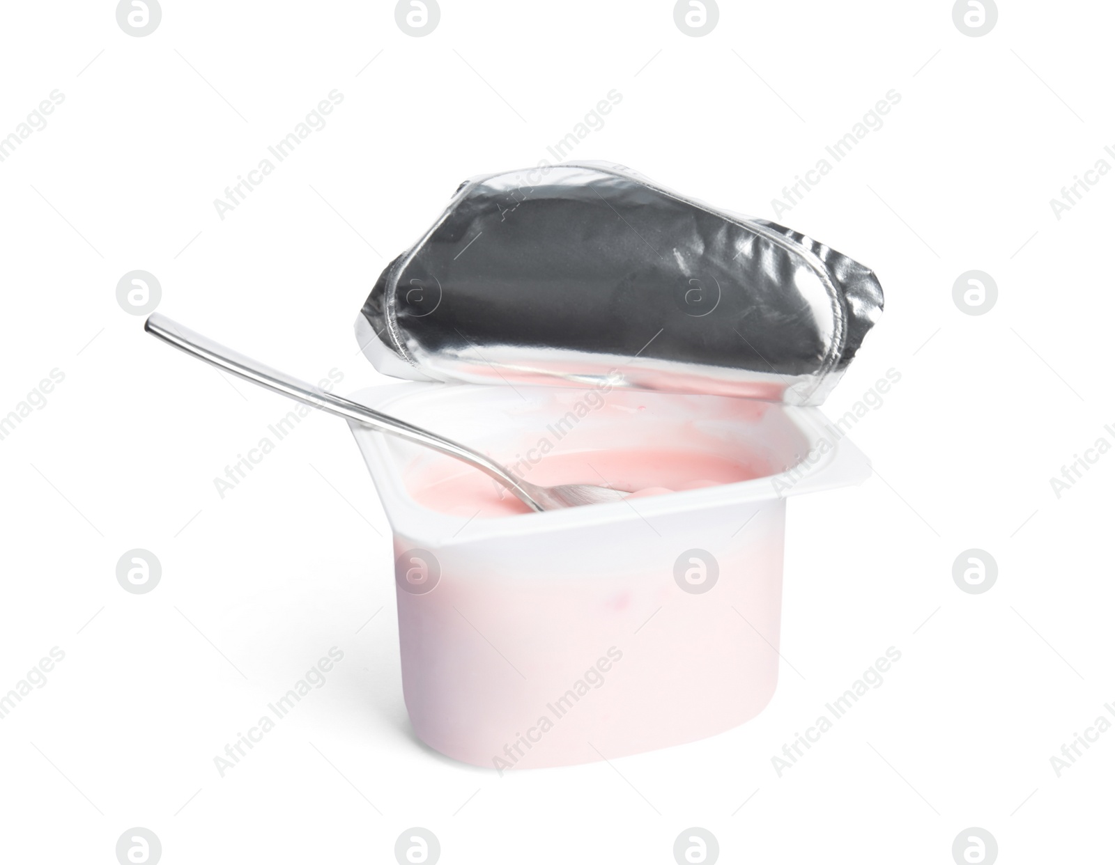 Photo of Tasty organic yogurt in plastic cup with spoon isolated on white