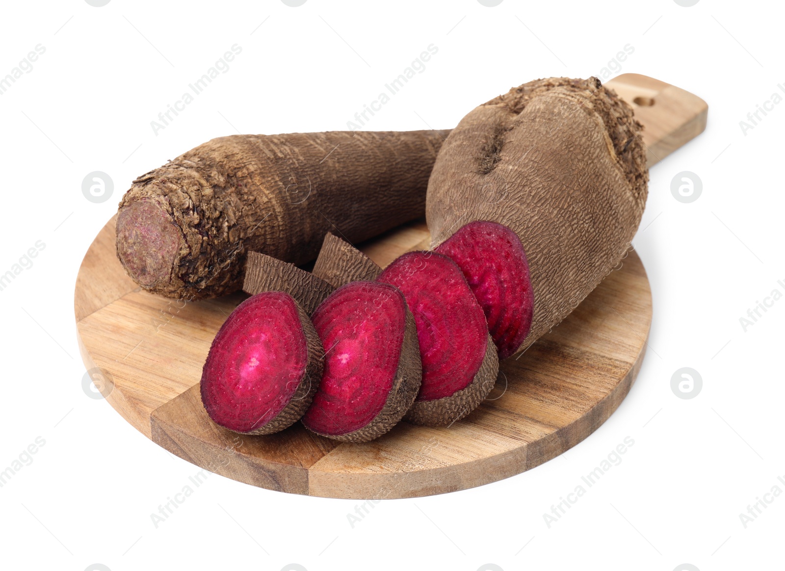 Photo of Whole and cut red beets isolated on white