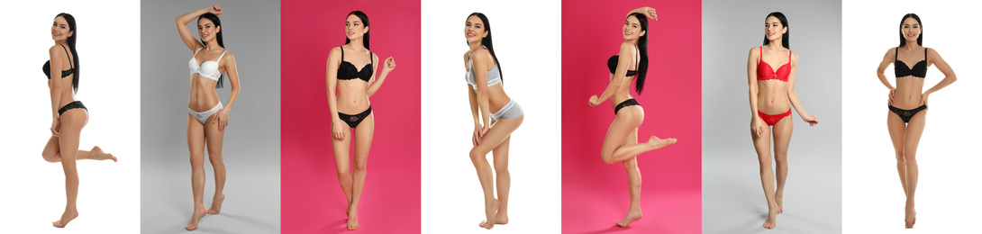 Collage of young woman in different underwear on color backgrounds. Banner design 