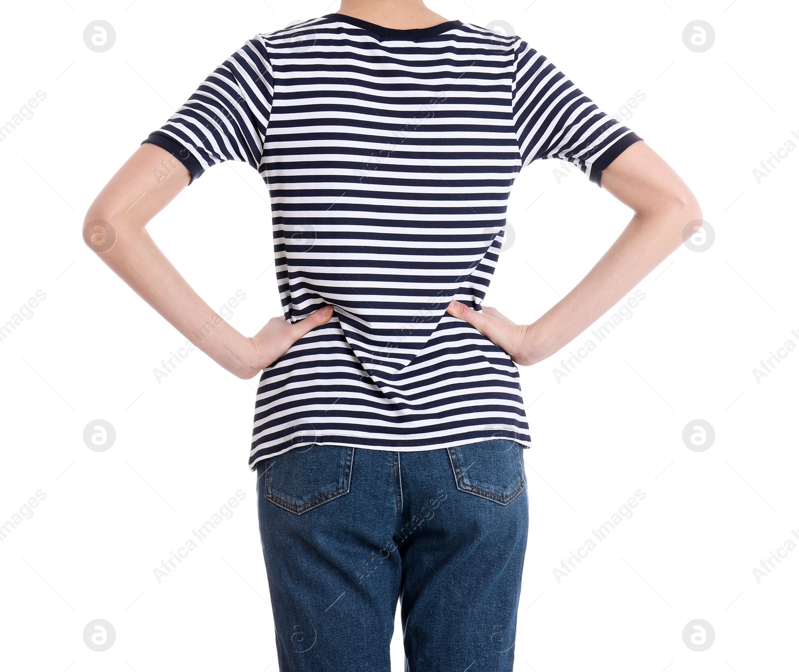 Photo of Young slim woman on white background, closeup. Weight loss