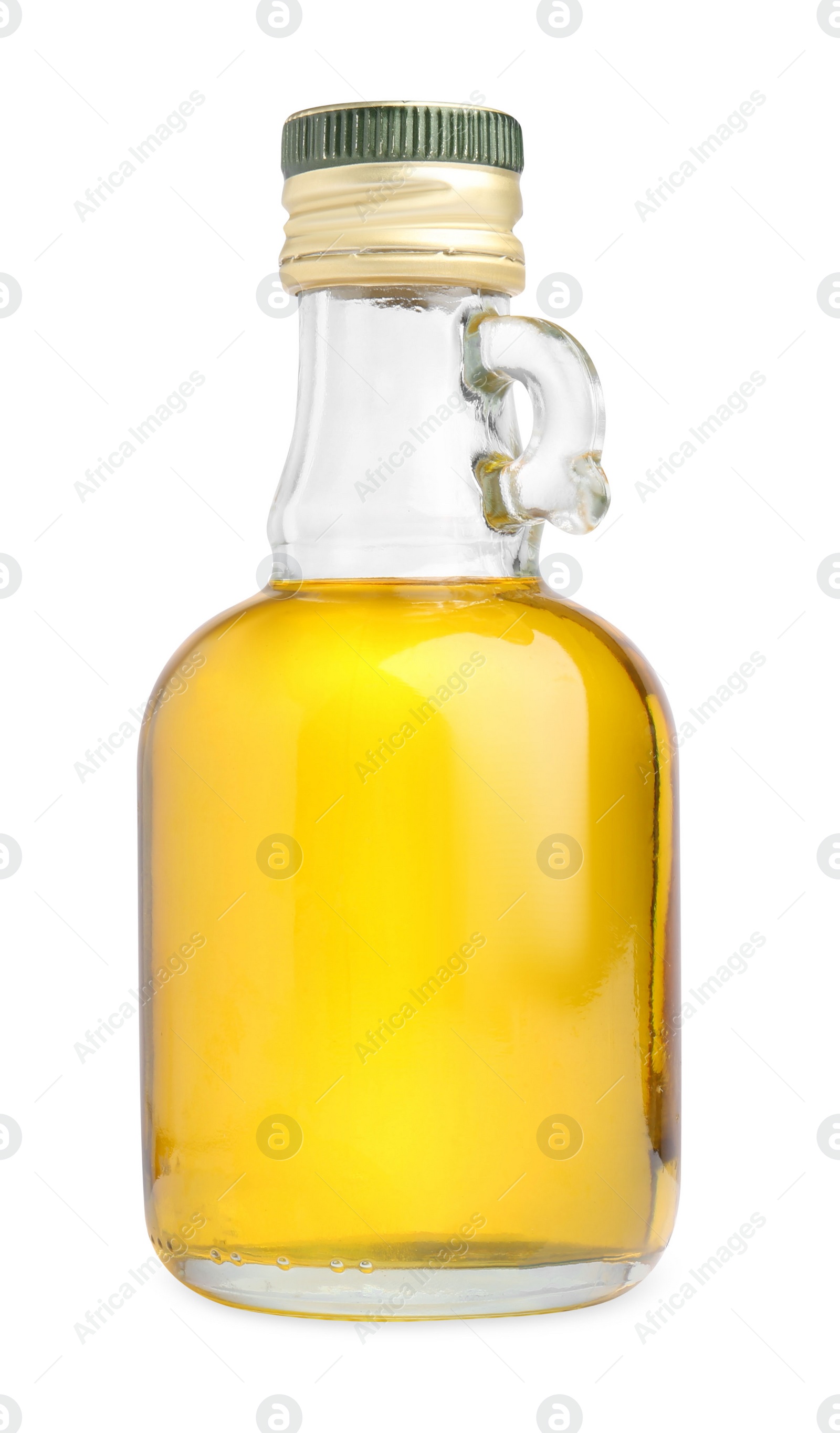 Photo of Glass bottle of cooking oil isolated on white