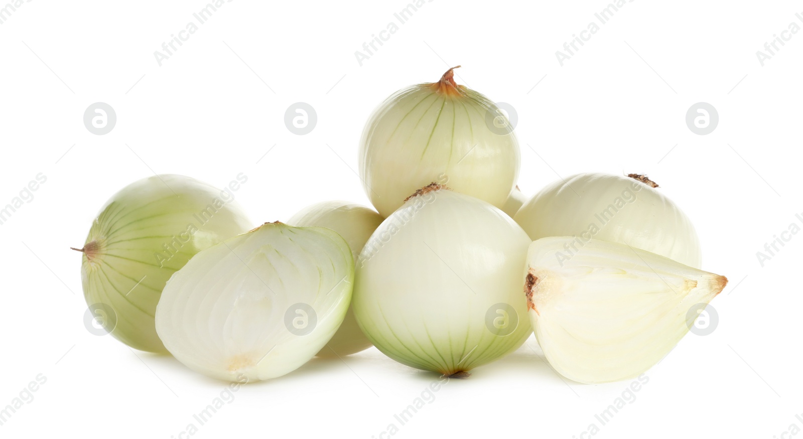 Photo of Fresh peeled onion bulbs on white background