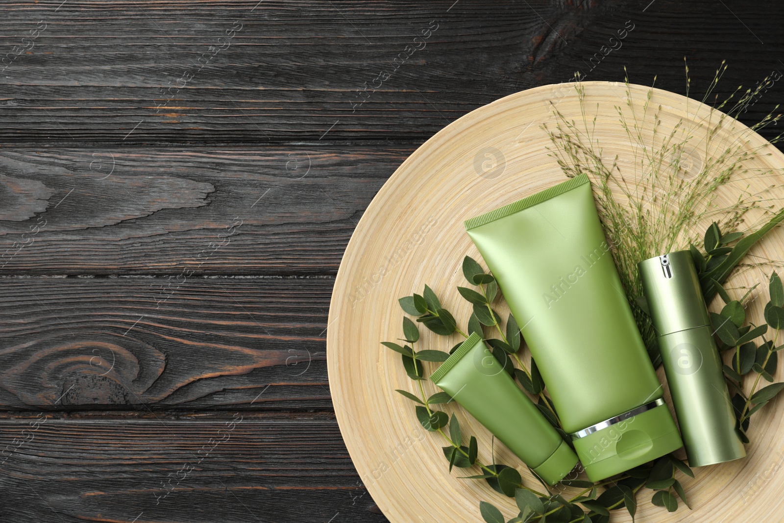 Photo of Set of cosmetic products and plants on dark wooden table, top view. Space for text