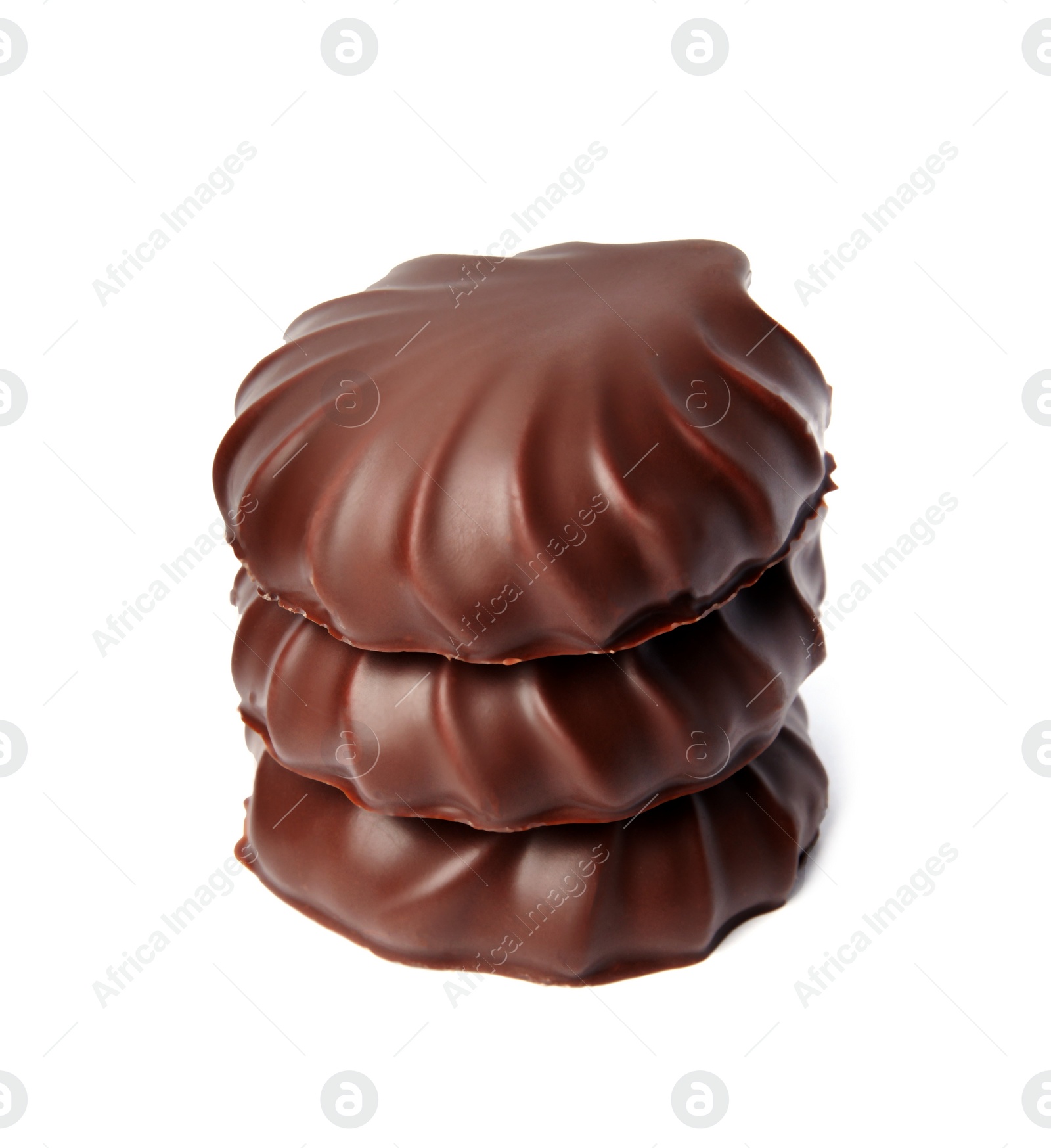 Photo of Delicious chocolate covered marshmallows isolated on white