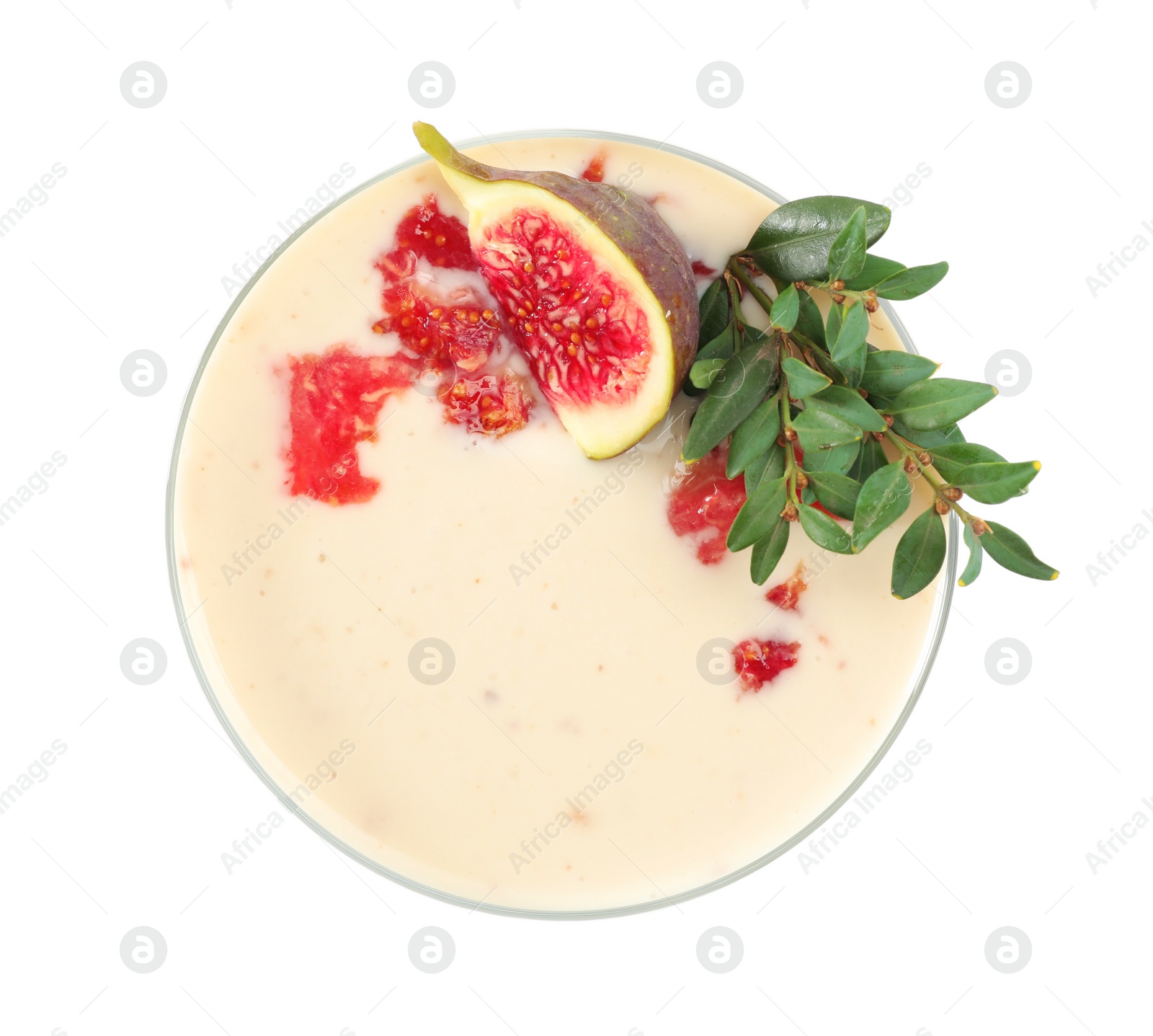 Photo of Delicious fig smoothie in glass on white background, top view