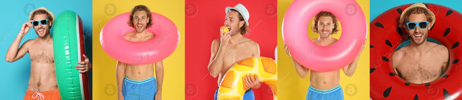 Image of Collage with beautiful photos themed to summer party and vacation. Funny man wearing beachwear with inflatable rings on different color backgrounds, banner design