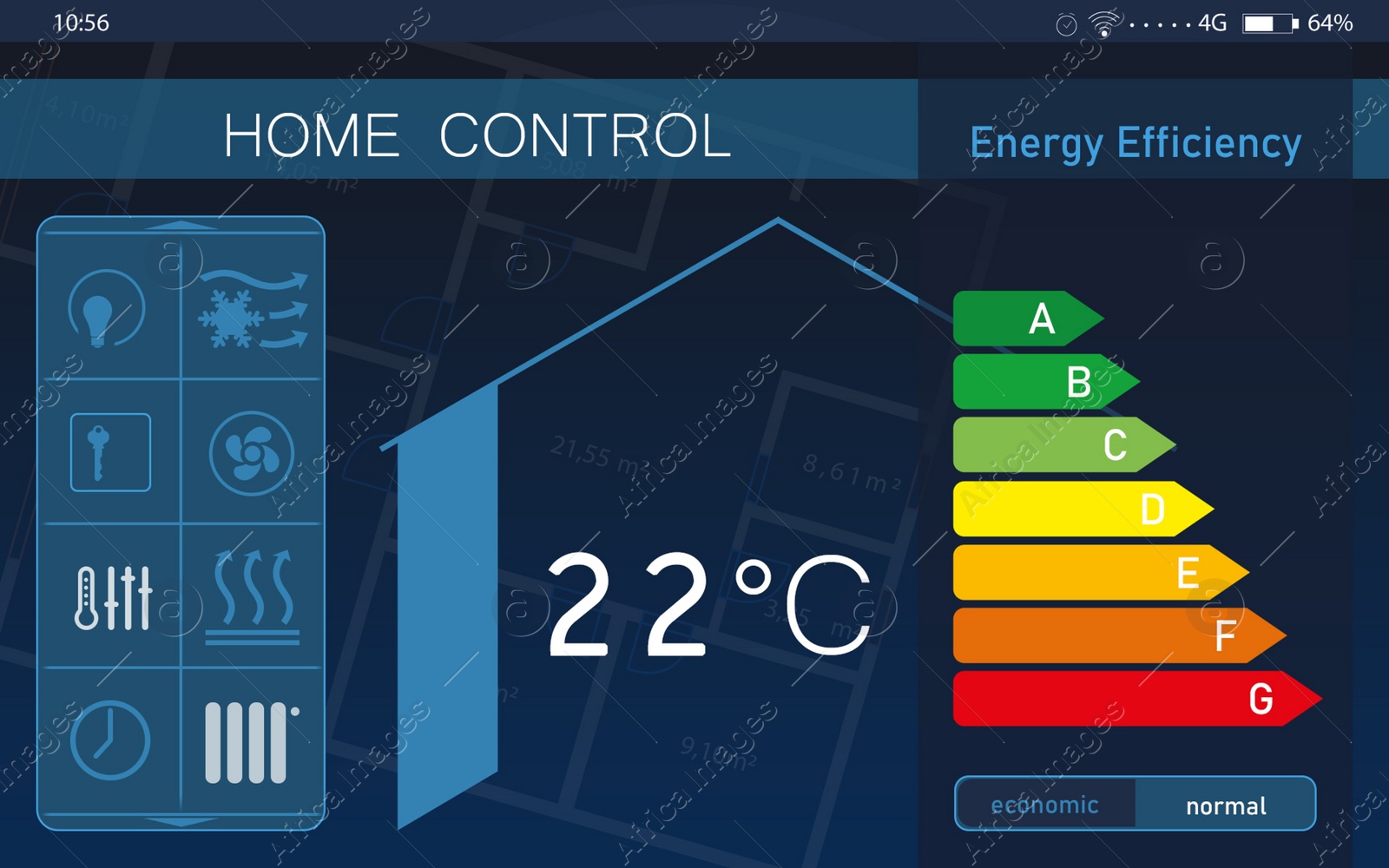 Illustration of Energy efficiency home control system. Application displaying indoor temperature and other settings