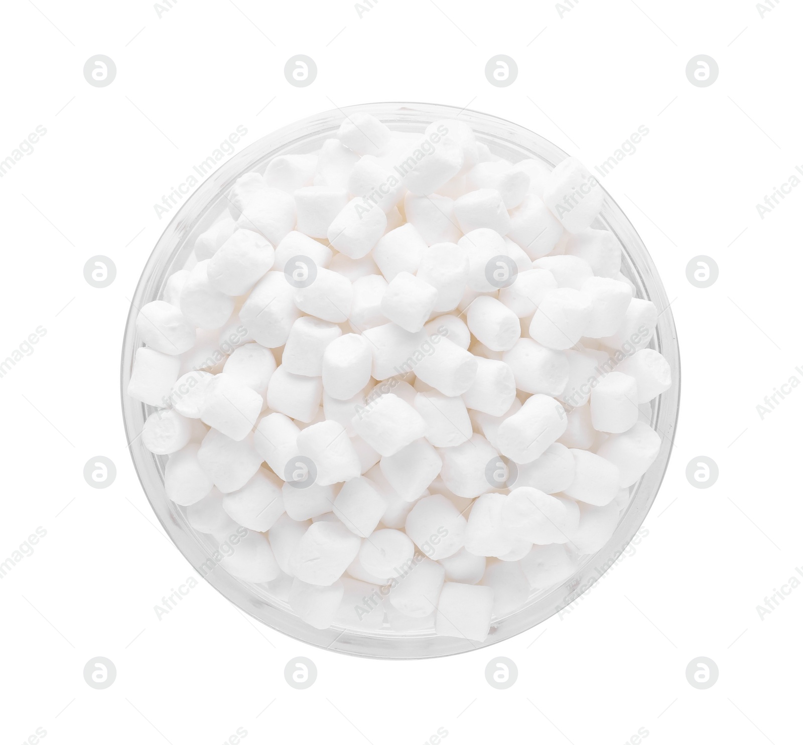 Photo of Bowl of delicious puffy marshmallows isolated on white, top view