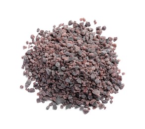 Photo of Heap of black salt on white background, top view