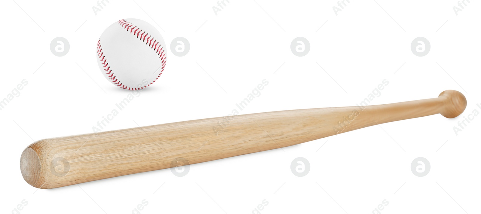 Image of Wooden baseball bat and leather ball isolated on white