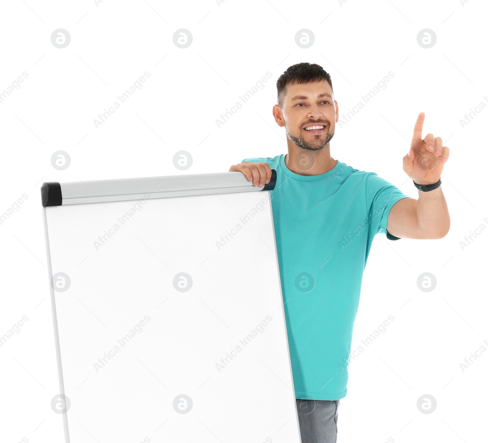 Photo of Professional business trainer near flip chart board on white background. Space for text