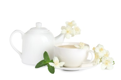 Aromatic herbal tea with mint and jasmine flowers isolated on white