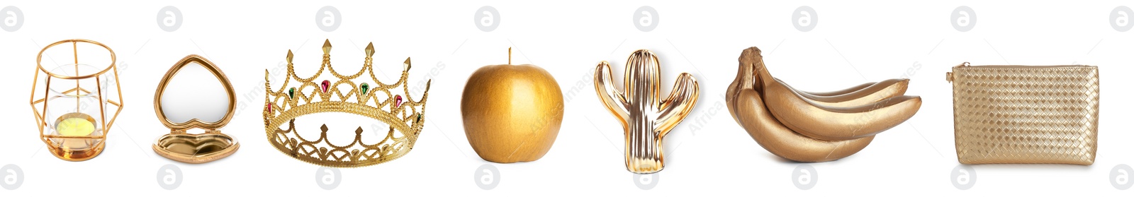 Image of Set of different items in gold color on white background