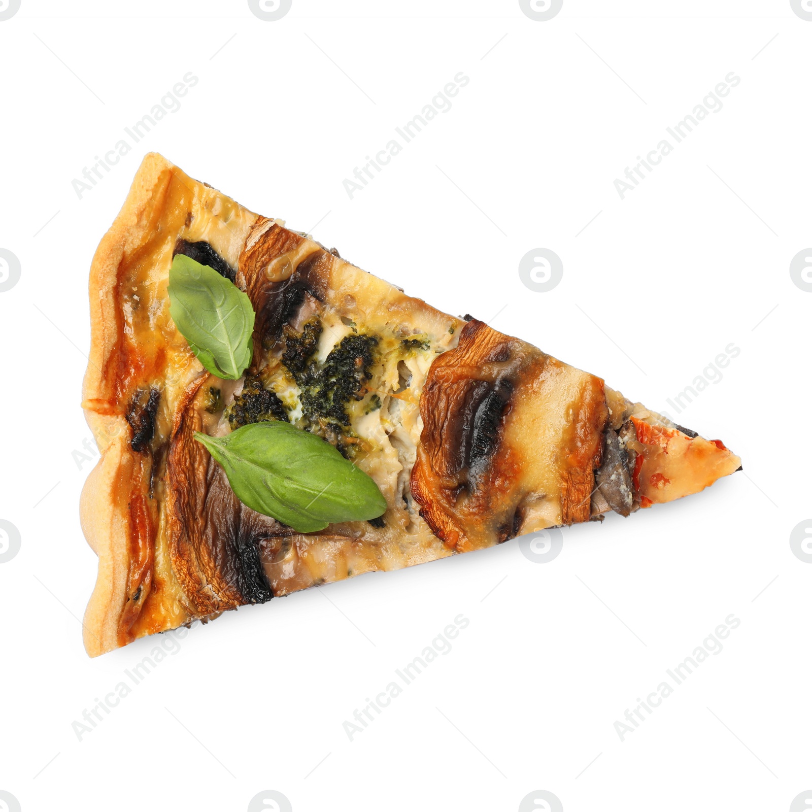 Photo of Piece of delicious quiche with mushrooms isolated on white, top view