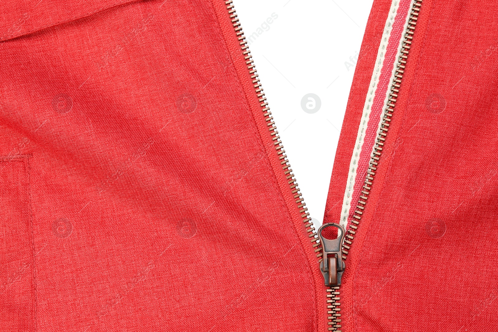 Photo of Red jacket with zipper on white background, top view