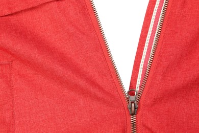 Photo of Red jacket with zipper on white background, top view