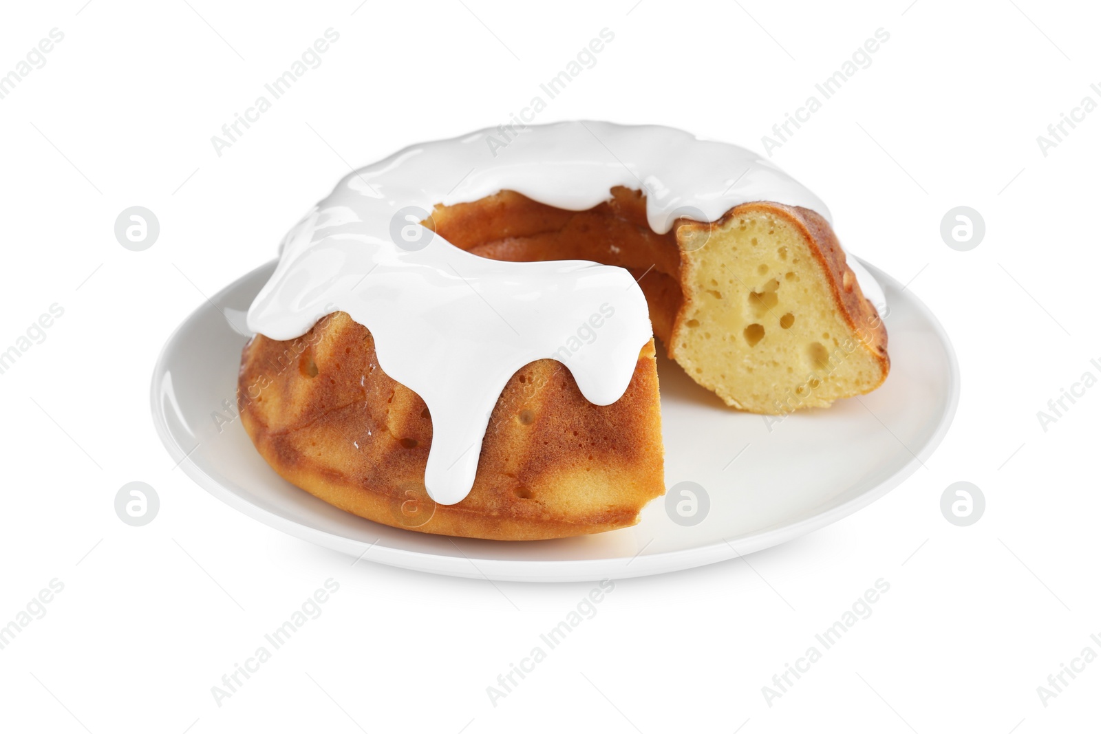 Photo of Delicious homemade yogurt cake with cream on white background