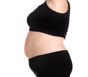 Photo of Fat woman on white background, closeup. Weight loss