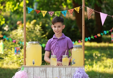 Photo of Cute boy at lemonade stand in park. Summer refreshing natural drink