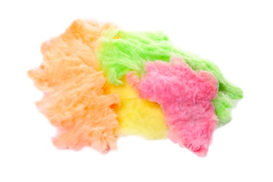 Photo of Pile of colorful cotton candy on white background