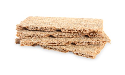 Photo of Pieces of crunchy rye crispbreads on white background