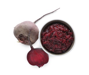 Delicious beetroot puree and fresh vegetables on white background, top view. Healthy food