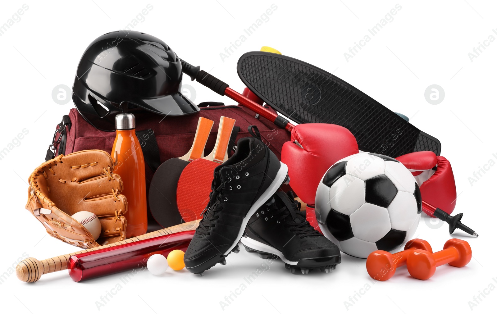 Photo of Many different sports equipment isolated on white