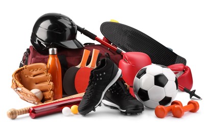 Photo of Many different sports equipment isolated on white