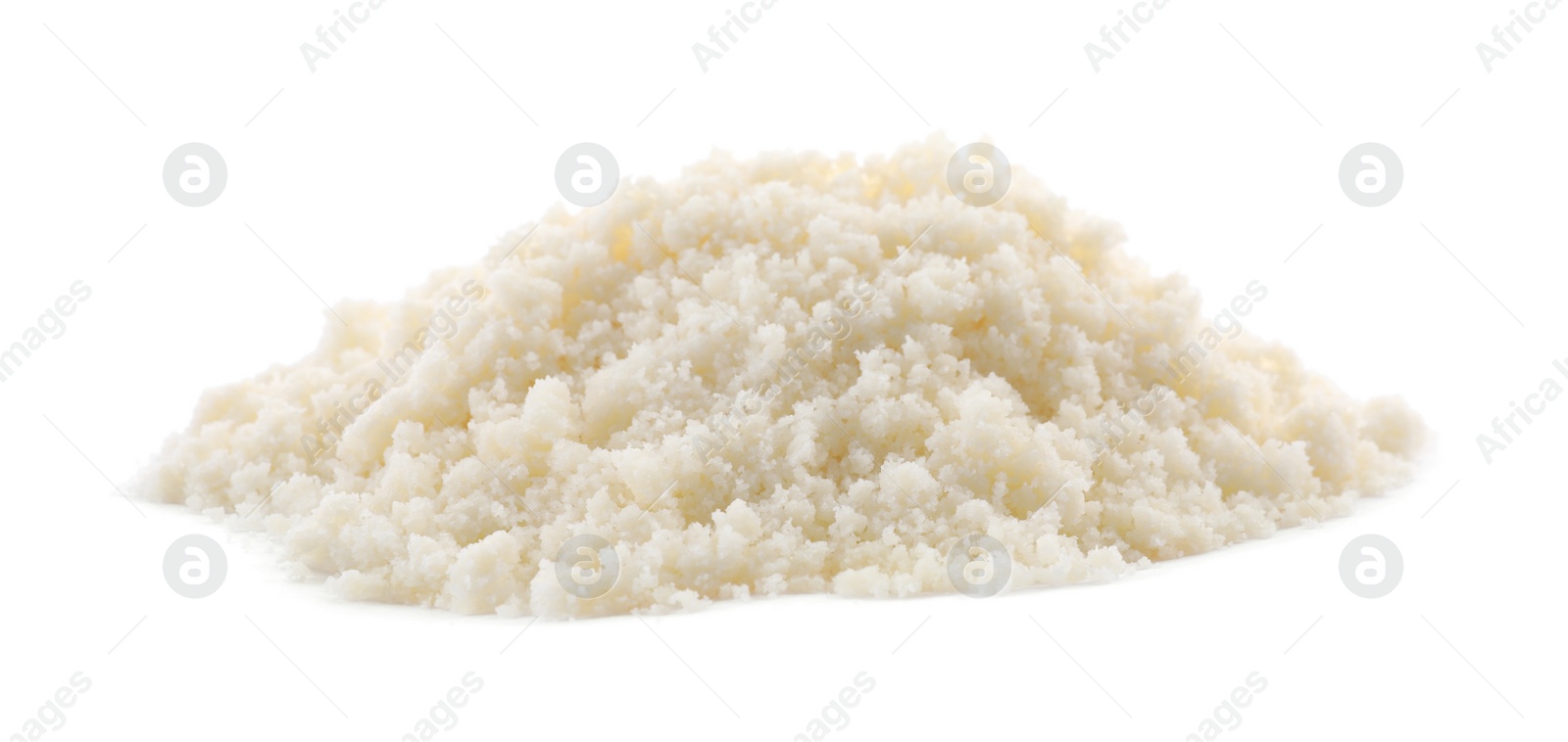 Photo of Pile of grated parmesan cheese isolated on white